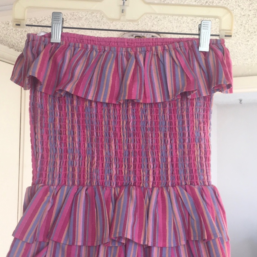 TULAROSA/“BAILEE”STRAPLESS MULTI STRIP LINEN BLEND RUFFLE DRESS/ NEW - Picture 6 of 10